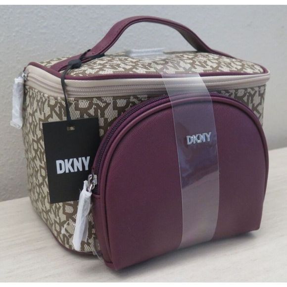 DKNY R84R4836 Women's O/S Beige/Red All Over "DKNY" Print 2 Piece Cosmetic Set - Picture 1 of 6
